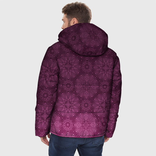Мужская зимняя куртка 3D с принтом Ажурный орнамент на бордовом градиентном фоне, вид сзади #2