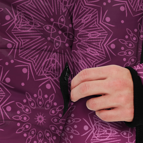 Мужская зимняя куртка 3D с принтом Ажурный орнамент на бордовом градиентном фоне, вид сбоку #3