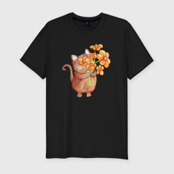 Мужская футболка хлопок Slim Рыжий кот с цветами