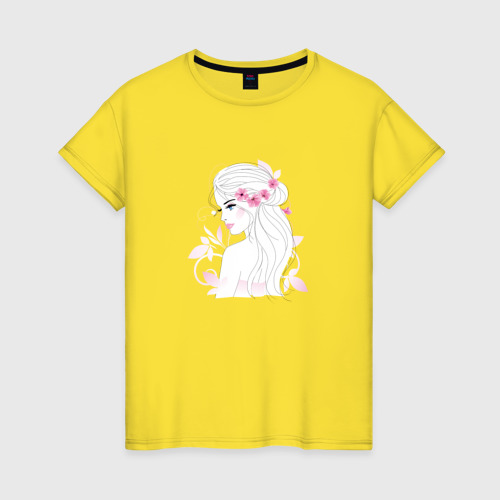 Женская футболка хлопок с принтом Блондинка с цветами, вид спереди #2