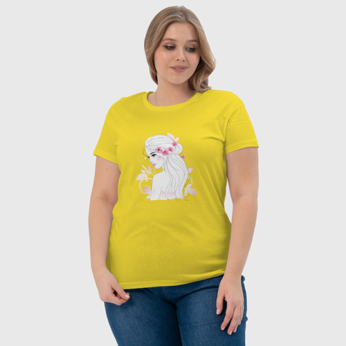 Женская футболка хлопок с принтом Блондинка с цветами, фото #4