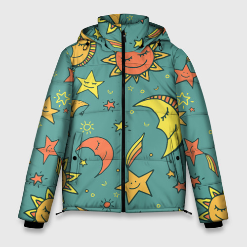 Мужская зимняя куртка 3D Солнце, Луна и Звёзды, цвет светло-серый