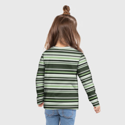 Лонгслив с принтом Горизонтальные зеленые  белые полосы для ребенка, вид на модели сзади №3. Цвет основы: белый