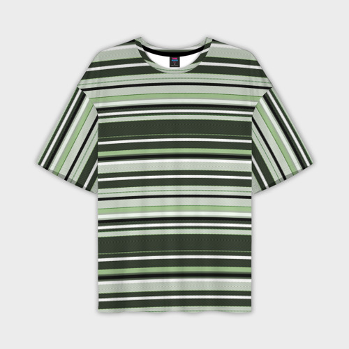 Мужская футболка оверсайз с принтом Горизонтальные зеленые  белые полосы, вид спереди №1