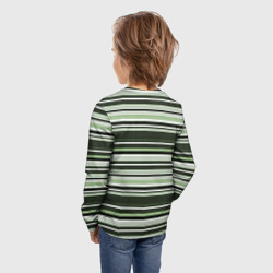 Лонгслив с принтом Горизонтальные зеленые  белые полосы для ребенка, вид на модели сзади №2. Цвет основы: белый