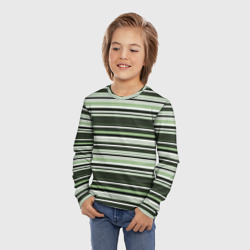 Лонгслив с принтом Горизонтальные зеленые  белые полосы для ребенка, вид на модели спереди №2. Цвет основы: белый