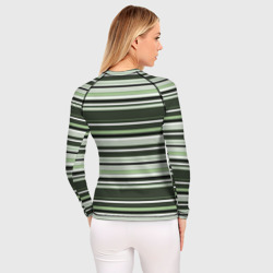 Рашгард с принтом Горизонтальные зеленые  белые полосы для женщины, вид на модели сзади №2. Цвет основы: белый