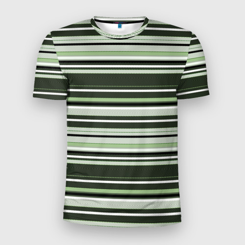 Мужская приталенная футболка с принтом Горизонтальные зеленые  белые полосы, вид спереди №1