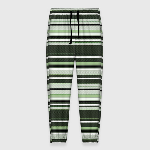 Мужские брюки с принтом Горизонтальные зеленые  белые полосы, вид спереди №1