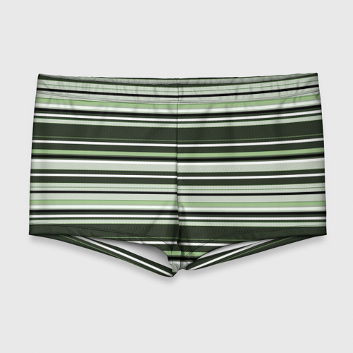 Мужские купальные плавки с принтом Горизонтальные зеленые  белые полосы, вид спереди №1