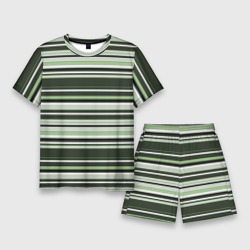 Горизонтальные зеленые  белые полосы – Мужской костюм с шортами 3D с принтом купить