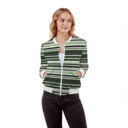 Бомбер с принтом Горизонтальные зеленые  белые полосы для женщины, вид на модели спереди №2. Цвет основы: белый