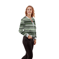 Бомбер с принтом Горизонтальные зеленые  белые полосы для женщины, вид на модели спереди №3. Цвет основы: белый