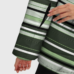 Куртка с принтом Горизонтальные зеленые  белые полосы для женщины, вид на модели спереди №4. Цвет основы: черный