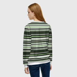 Свитшот с принтом Горизонтальные зеленые  белые полосы для женщины, вид на модели сзади №2. Цвет основы: белый