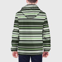 Куртка с принтом Горизонтальные зеленые  белые полосы для мужчины, вид на модели сзади №2. Цвет основы: белый