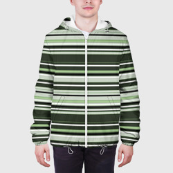 Куртка с принтом Горизонтальные зеленые  белые полосы для мужчины, вид на модели спереди №3. Цвет основы: белый