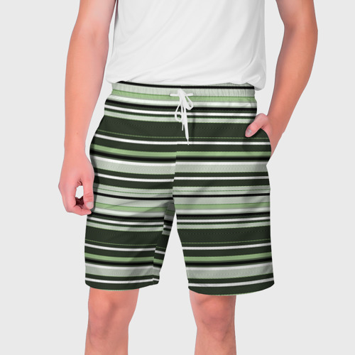 Мужские шорты с принтом Горизонтальные зеленые  белые полосы, вид спереди №1