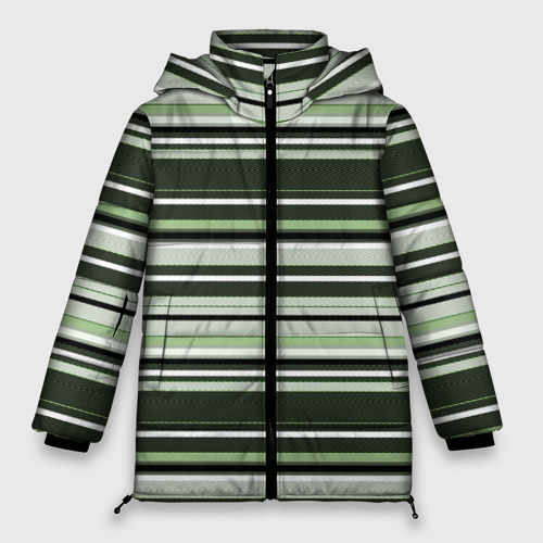 Женская зимняя куртка оверсайз с принтом Горизонтальные зеленые  белые полосы, вид спереди №1