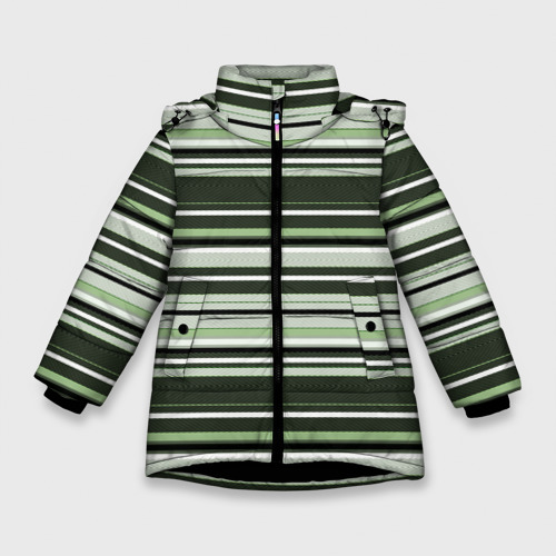 Зимняя куртка для девочек с принтом Горизонтальные зеленые  белые полосы, вид спереди №1