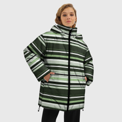 Куртка с принтом Горизонтальные зеленые  белые полосы для женщины, вид на модели спереди №2. Цвет основы: черный