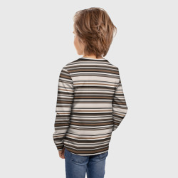 Лонгслив с принтом Горизонтальные коричневые бежевые  черные полосы для ребенка, вид на модели сзади №2. Цвет основы: белый