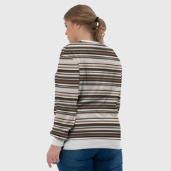 Свитшот с принтом Горизонтальные коричневые бежевые  черные полосы для женщины, вид на модели сзади №3. Цвет основы: белый