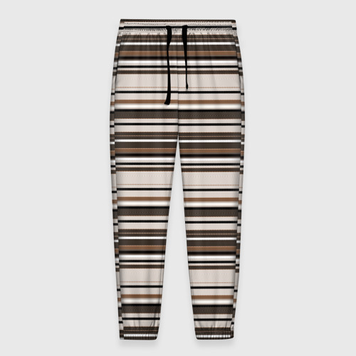Мужские брюки с принтом Горизонтальные коричневые бежевые  черные полосы, вид спереди №1