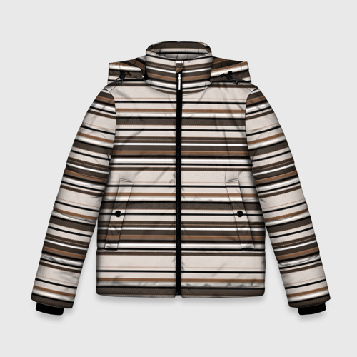 Зимняя куртка для мальчиков с принтом Горизонтальные коричневые бежевые  черные полосы, вид спереди №1
