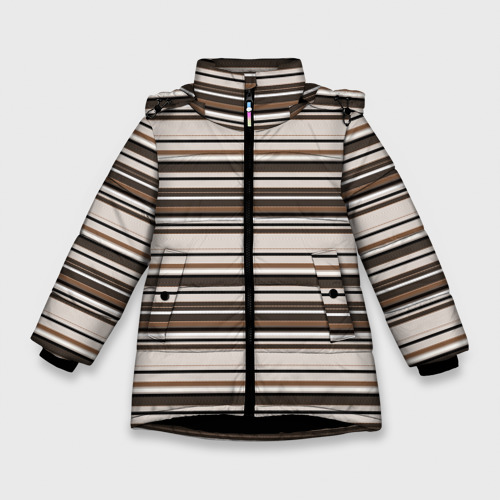 Зимняя куртка для девочек с принтом Горизонтальные коричневые бежевые  черные полосы, вид спереди №1