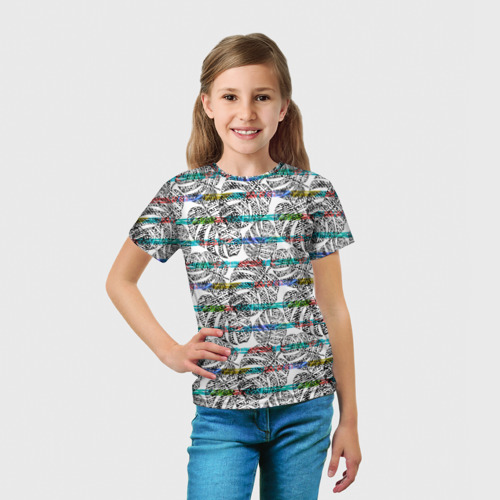 Детская футболка 3D Черно - белые листья монстеры на цветных полосах, цвет 3D печать - фото 5