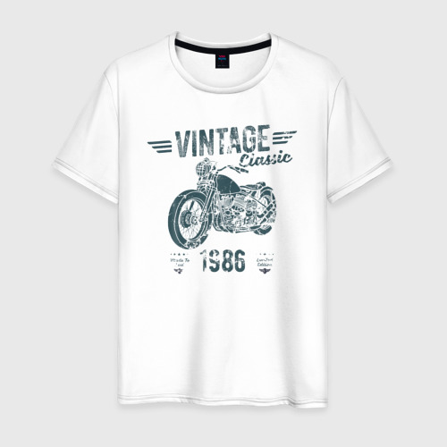 Мужская футболка из хлопка с принтом Винтажная классика 1986 мотоцикл, вид спереди №1