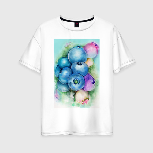 Женская футболка из хлопка оверсайз с принтом Акварельные ягоды голубики, вид спереди №1