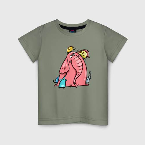 Детская футболка хлопок Розовая слоника со слонятами, цвет авокадо