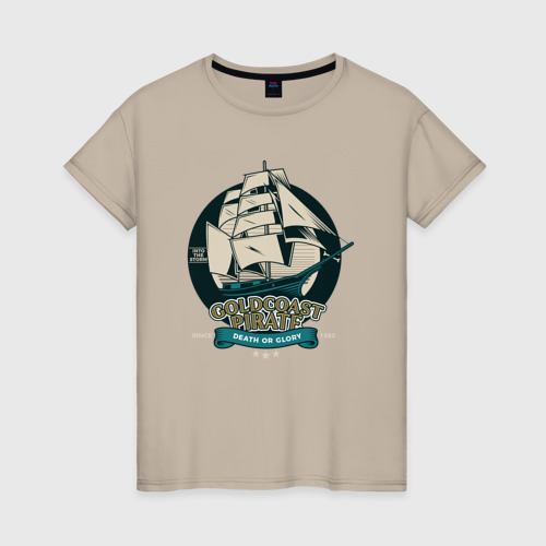 Женская футболка хлопок с принтом Большой пиратский корабль, вид спереди #2