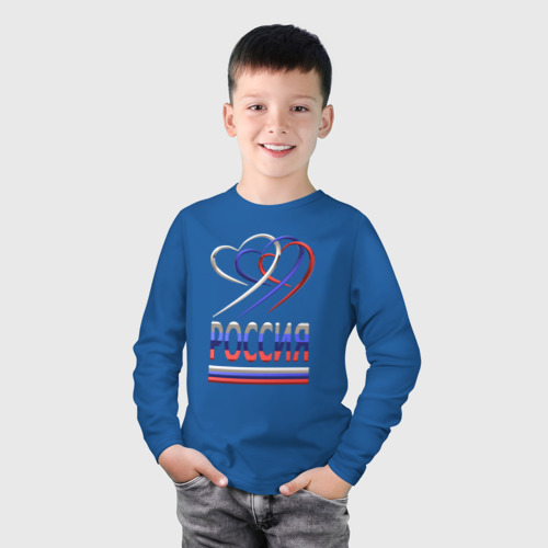 Детский лонгслив хлопок с принтом Россия: триколор и три сердца, фото на моделе #1