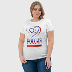 Футболка с принтом Россия: триколор и три сердца для женщины, вид на модели спереди №4. Цвет основы: белый