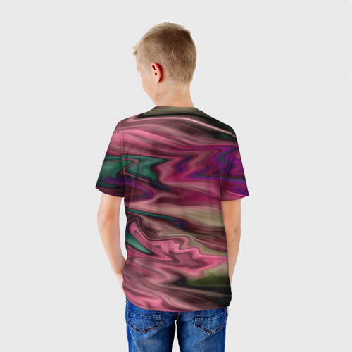 Детская футболка 3D с принтом Абстрактный размытый узор в розово-зеленых цветах, вид сзади #2