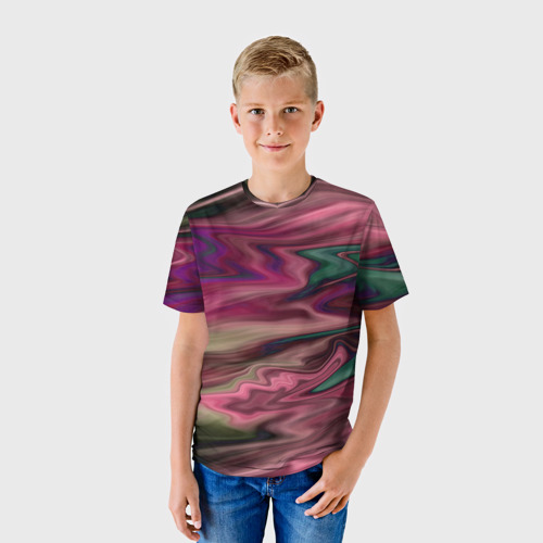 Детская футболка 3D с принтом Абстрактный размытый узор в розово-зеленых цветах, фото на моделе #1