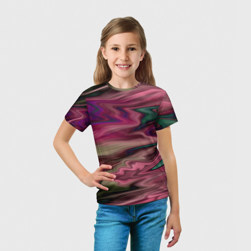 Детская футболка 3D с принтом Абстрактный размытый узор в розово-зеленых цветах, вид сбоку #3