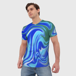 Мужская футболка 3D Тай-дай с синим, зелёным и белым цветом - фото 2