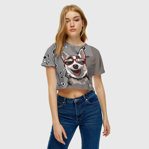 Женская футболка Crop-top 3D Веселый Хаски, цвет 3D печать - фото 3