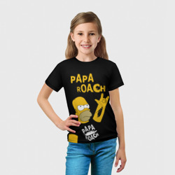 Футболка с принтом Papa Roach, Гомер Симпсон для ребенка, вид на модели спереди №3. Цвет основы: белый
