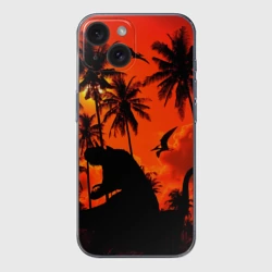 Чехол для iPhone 15 силиконовый с защитой камеры Тиранозавр, диплодок и птерозавр - dinosaurs jurassic period