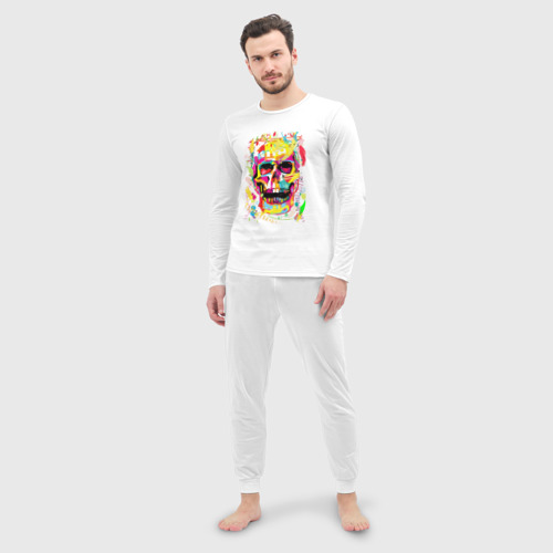 Мужская пижама с лонгсливом хлопок Красочный стилизованный череп, цвет белый - фото 3