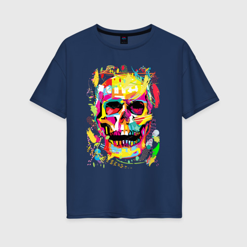 Женская футболка хлопок Oversize Красочный стилизованный череп, цвет темно-синий