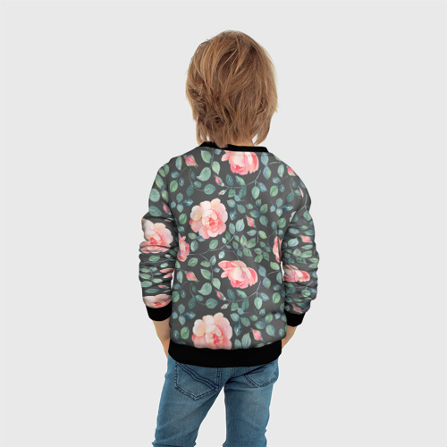 Детский свитшот 3D с принтом Розовые розы на сером фоне Цветы, вид сзади #2