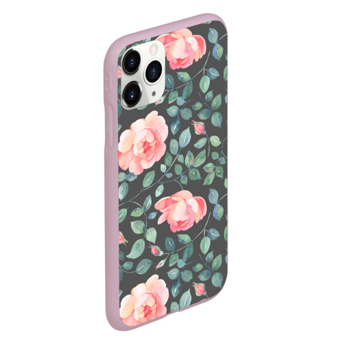 Чехол для iPhone 11 Pro матовый с принтом Розовые розы на сером фоне Цветы, вид сбоку #3