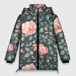Женская зимняя куртка Oversize Розовые розы на сером фоне Цветы