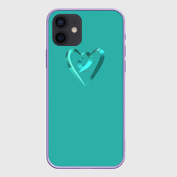 Чехол для iPhone 12 Mini Перламутровое сердечко в другом  сердце на бирюзовом поле